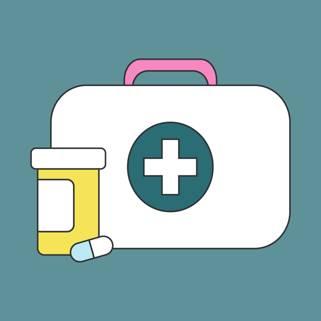 Medical bag, pill bottle and pill